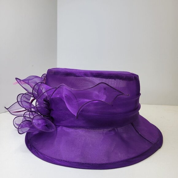 Purple Dress Hat Crushable Packable Deep Purple Satin Band and Pink Feathers - Picture 10 of 15